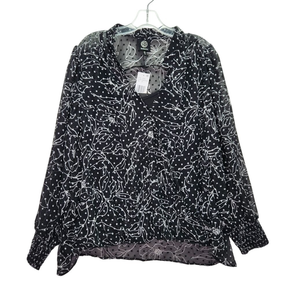 Bobeau Black Floral Stencil Print Long Sleeve Blouse Sheer Career Office Plus 2X